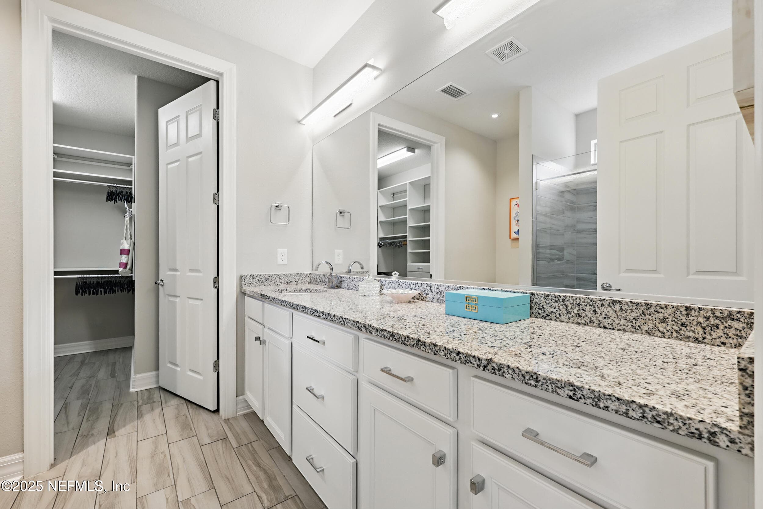 Primary bathroom (vanity) — Primary en-suite bathroom with granite double vanity countertop, white shaker cabinetry with brushed nickel hardware, full-width frameless mirror, linear vanity light, wood-look tile flooring, and walk-in closet access. — 92 CANOPY OAK Lane, Ponte Vedra, FL 32081