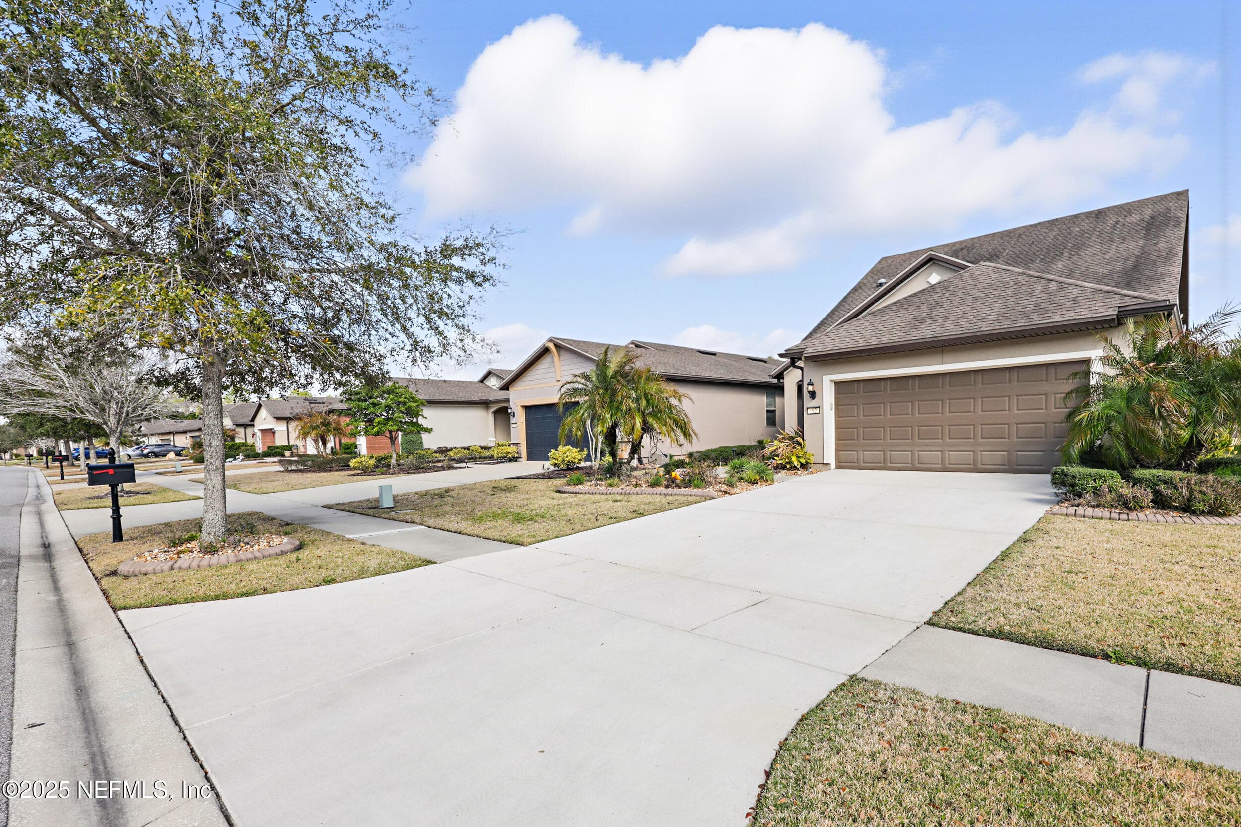 Streetscape — Front exterior from the street showing the two-story stucco home on Canopy Oak Lane in the Del Webb Ponte Vedra community. Concrete driveway, sidewalk, two-car garage, tropical landscaping, and tree-lined street with well-maintained neighboring homes. — 92 CANOPY OAK Lane, Ponte Vedra, FL 32081