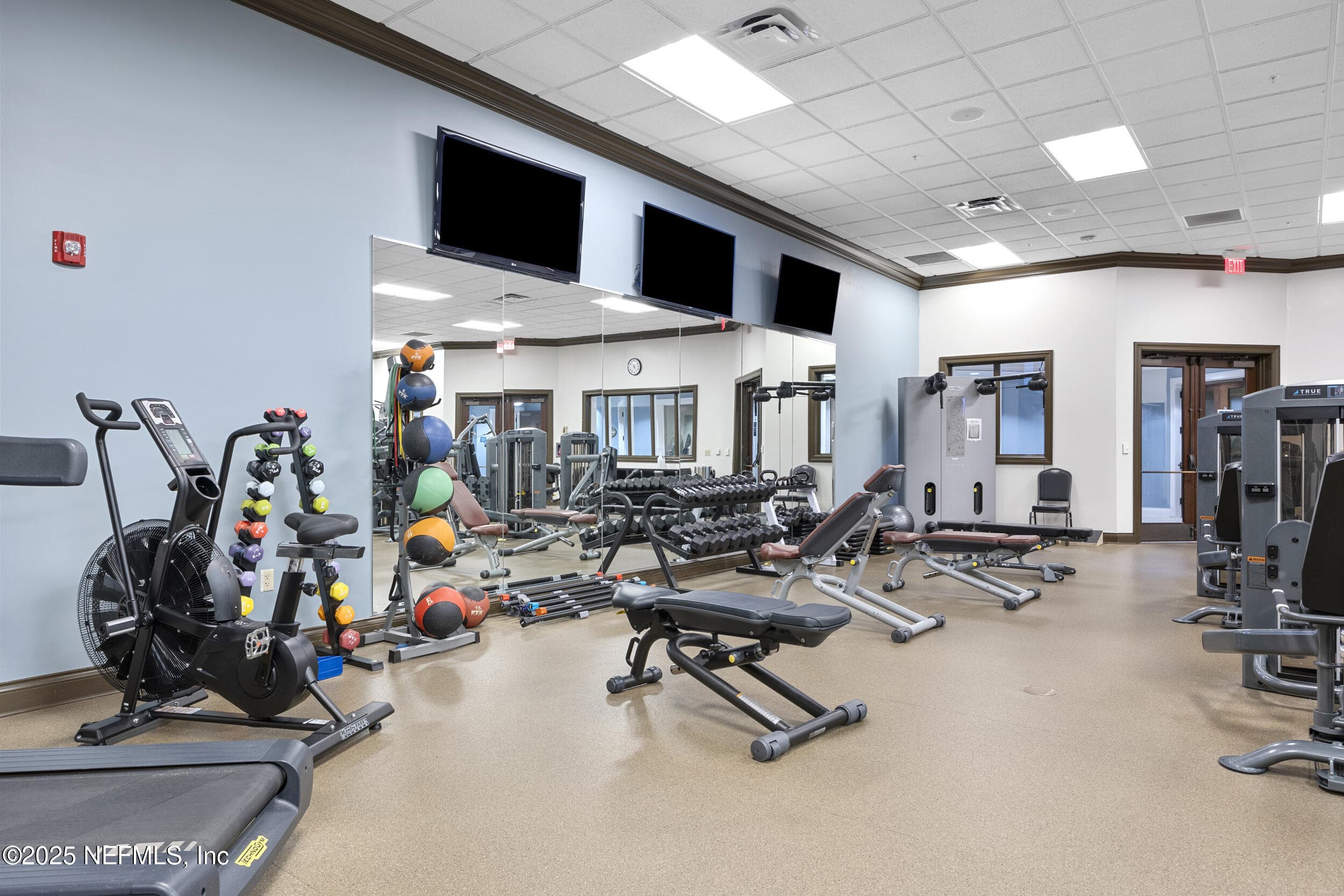 Anastasia Clubhouse fitness center (free weights) — Fitness gym with free weight area, dumbbells, medicine balls, adjustable benches, stationary bikes, TRX suspension system, wall-mounted TVs, and mirrored walls inside the Anastasia Clubhouse. — 92 CANOPY OAK Lane, Ponte Vedra, FL 32081