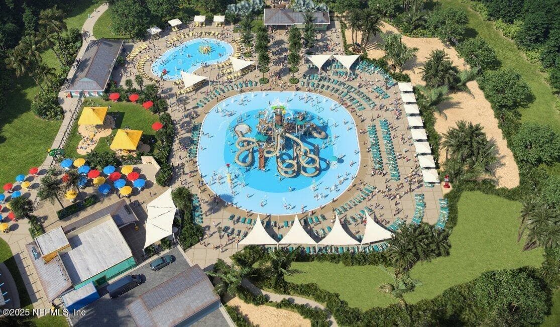 Nocatee Spray Park (aerial) — Aerial rendering of the new Nocatee Spray Park featuring high-speed waterslides, central splash structure, wading pools, lounge deck with cabana seating, shade umbrellas, and family activity areas. Designed by the creators of Typhoon Lagoon. — 92 CANOPY OAK Lane, Ponte Vedra, FL 32081