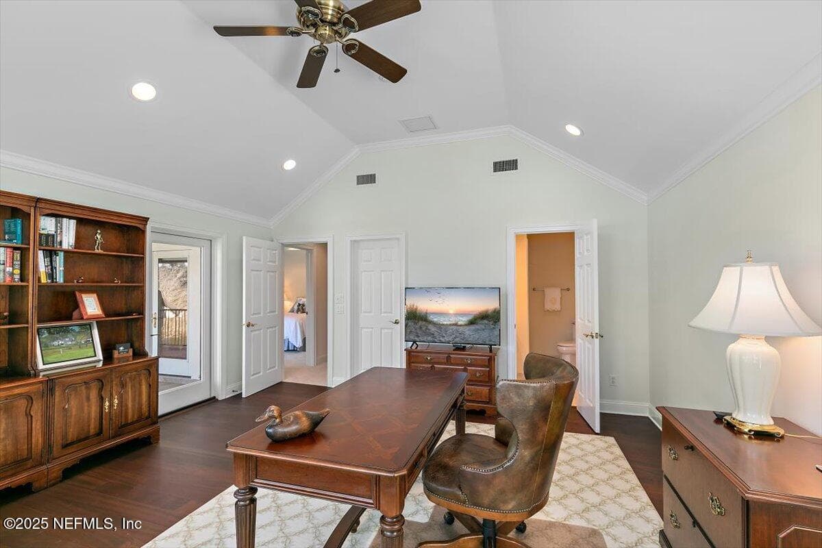2nd Floor Guest Bedroom is Currently used as an Office - Photo shows cathedral ceiling, large walk in closet, access to bath and balcony overlooking gorgeous water-to-golf views. — 134 MUIRFIELD Drive, Ponte Vedra Beach, FL 32082