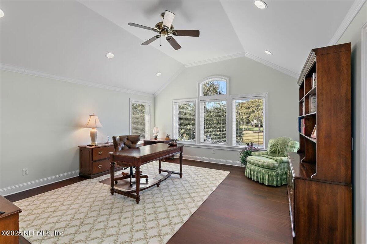 Wood Floors form the back drop for the guest bedroom/office - a large window overlooks beautiful water-to-golf views. — 134 MUIRFIELD Drive, Ponte Vedra Beach, FL 32082