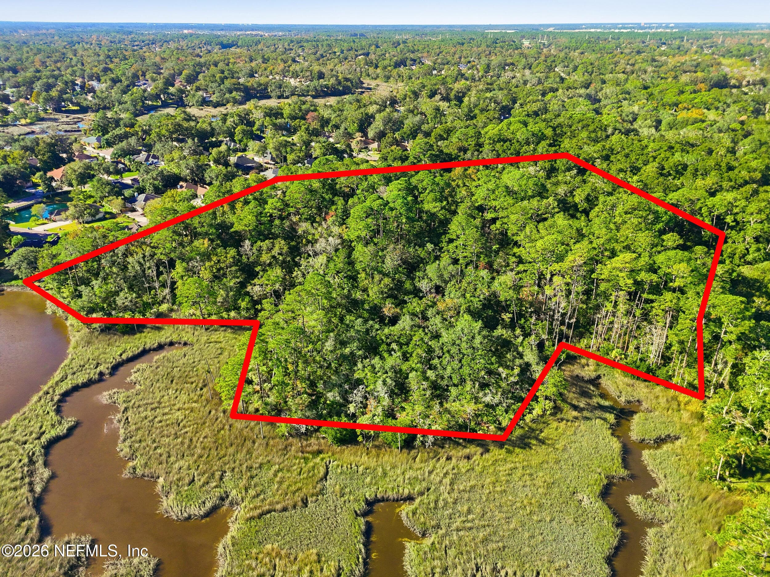 Aerial view, and outline of entire property, from Mount Pleasant Creek. — 2 QUINLAN RIDGE Lane E, Jacksonville, FL 32225
