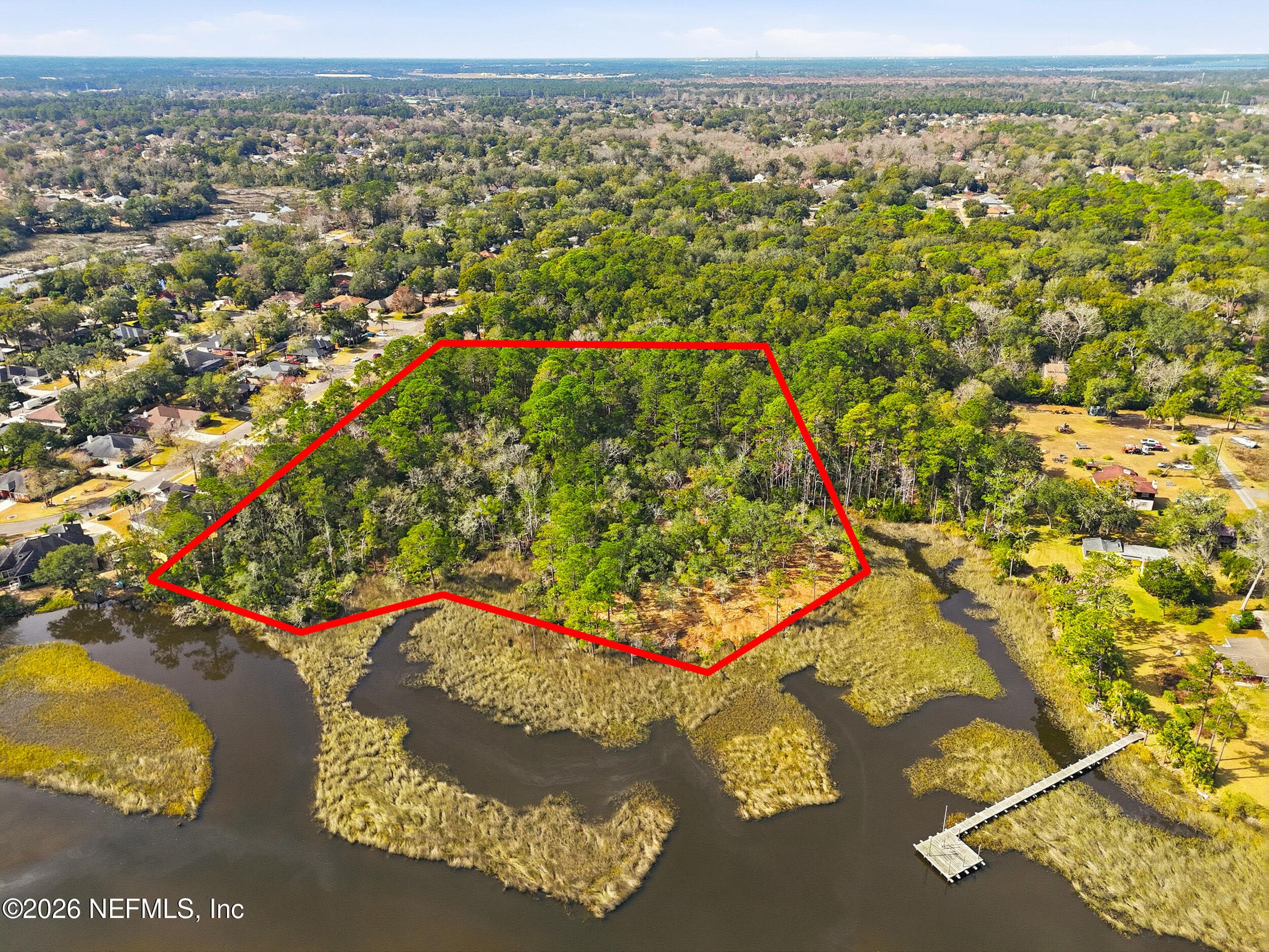 Aerial view with outline of entire property showcasing dock potential. — 2 QUINLAN RIDGE Lane E, Jacksonville, FL 32225