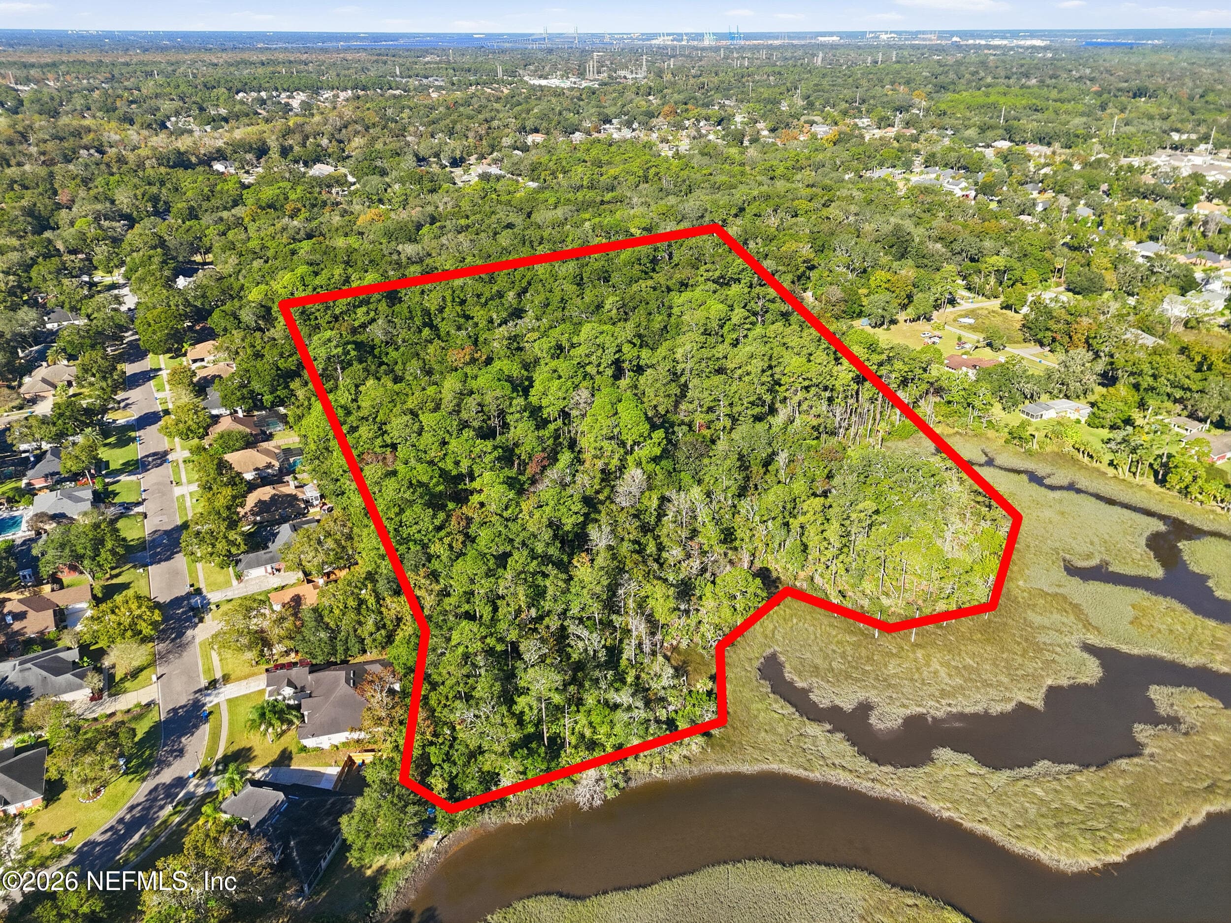 Aerial view, and outline of entire property, from Mount Pleasant Creek. — 3 QUINLAN RIDGE Lane E, Jacksonville, FL 32225