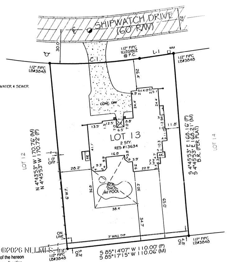 Old Survey - New back fence is now right at the back property line — 13634 SHIPWATCH Drive, Jacksonville, FL 32225