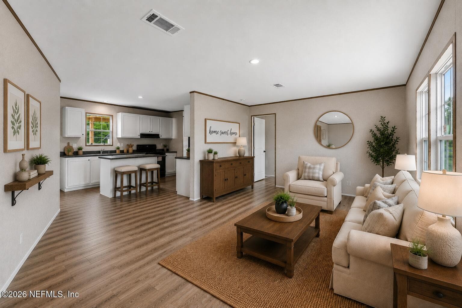 living room to kitchen AI staged virtually — 6771 SW COUNTY ROAD 225, Starke, FL 32091